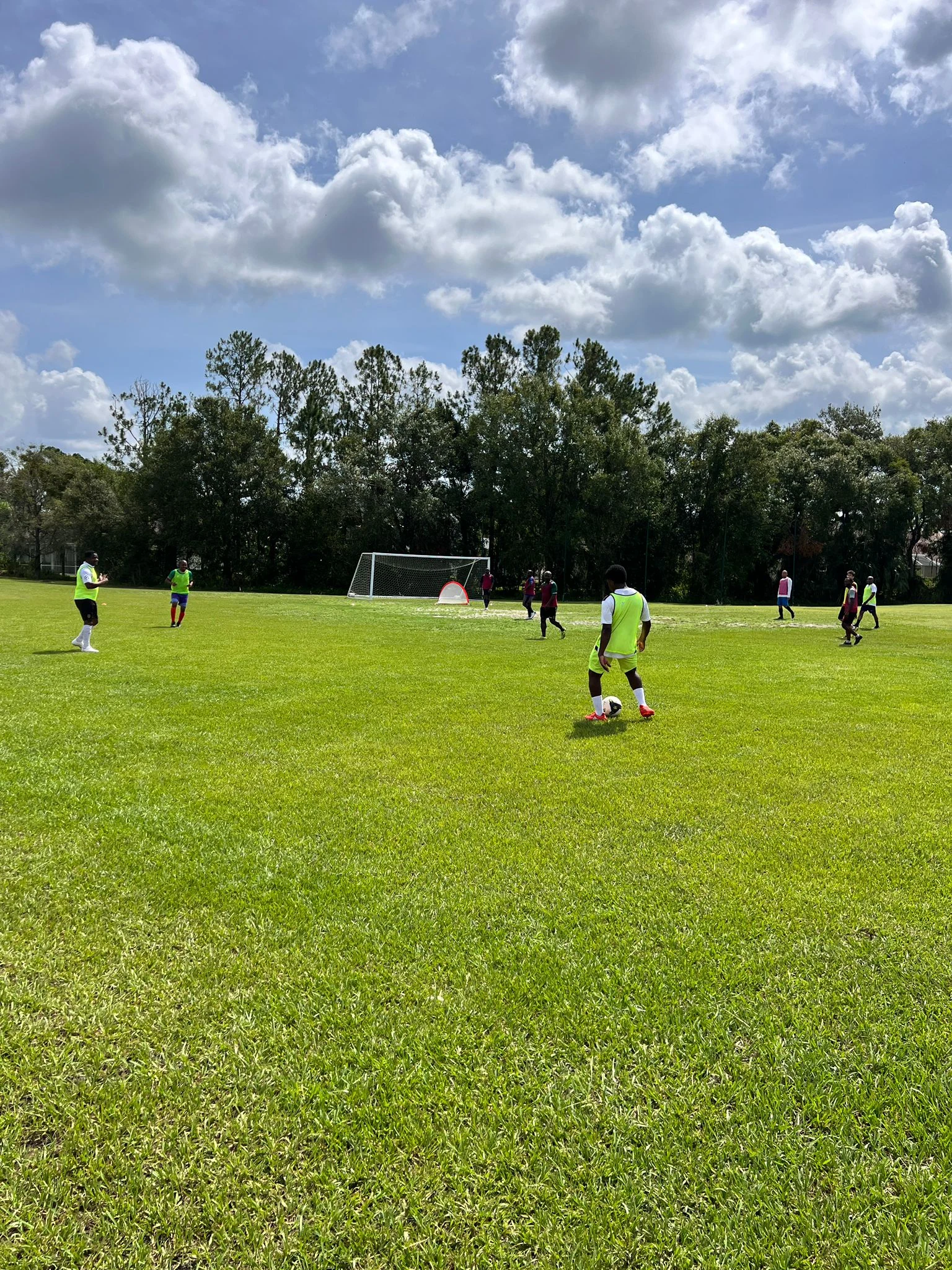 Football players practicing on a grass field